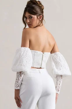 Marina | White Lace Bardot Puff-Sleeve Top