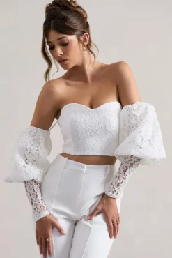 Marina | White Lace Bardot Puff-Sleeve Top