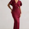 Marisa | Berry Satin V-Neck Flutter-Sleeve Maxi Dress