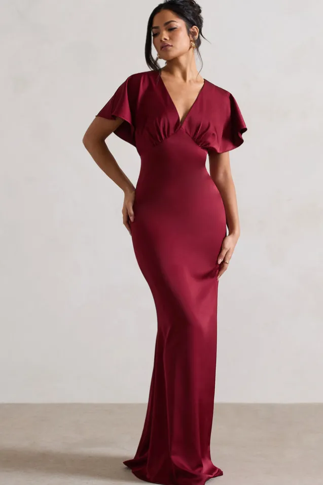 Marisa | Berry Satin V-Neck Flutter-Sleeve Maxi Dress
