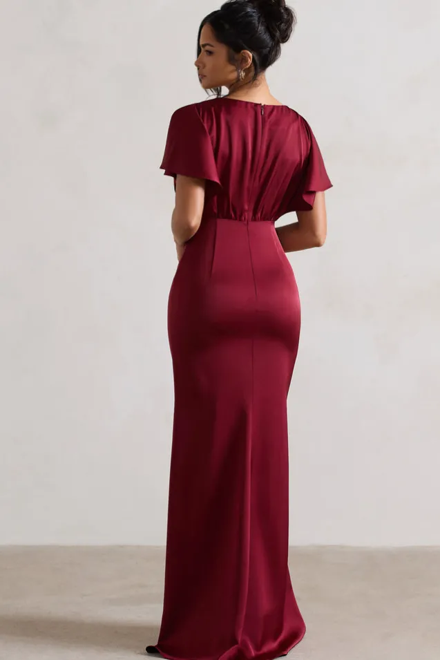 Marisa | Berry Satin V-Neck Flutter-Sleeve Maxi Dress