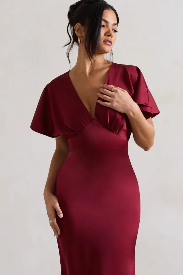 Marisa | Berry Satin V-Neck Flutter-Sleeve Maxi Dress