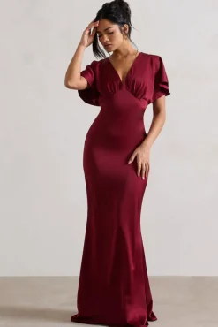 Marisa | Berry Satin V-Neck Flutter-Sleeve Maxi Dress