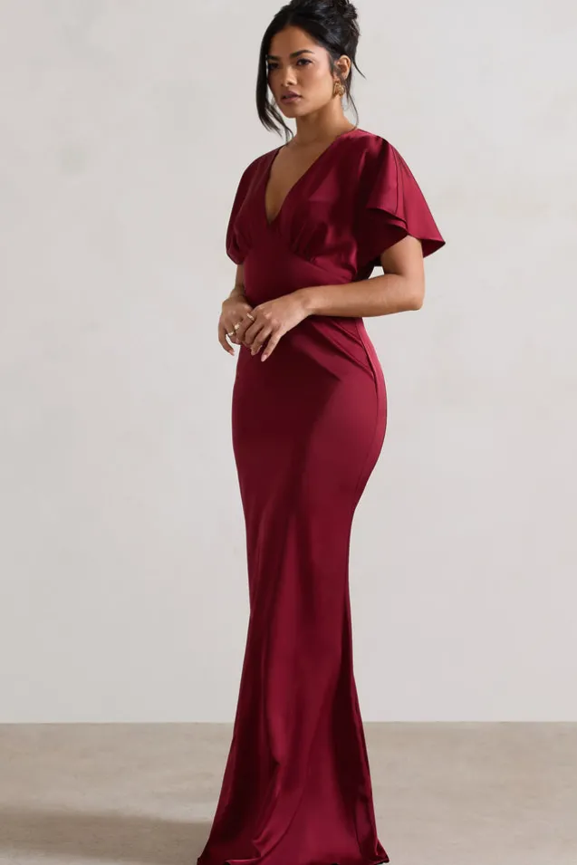 Marisa | Berry Satin V-Neck Flutter-Sleeve Maxi Dress