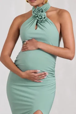 Marissa | Sage Halter-Neck Split Maternity Maxi Dress With Flowers