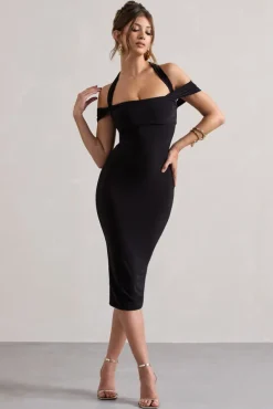 Marla | Black Halter-Neck Draped-Sleeve Midi Dress