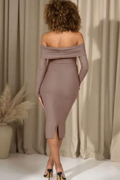 Marley | Mocha Bodycon Bardot Maternity Midi Dress