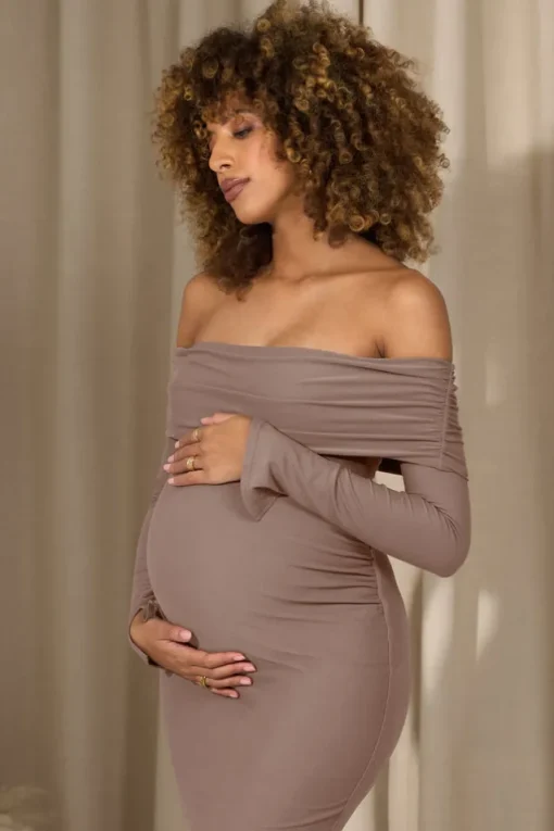 Marley | Mocha Bodycon Bardot Maternity Midi Dress