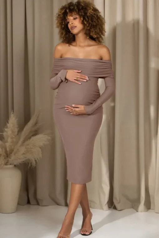 Marley | Mocha Bodycon Bardot Maternity Midi Dress