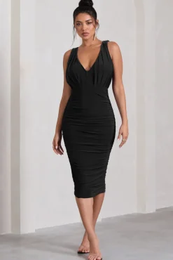 Marlowe | Black Ruched Plunge Sleeveless Midi Dress