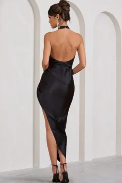 Marquise | Black Satin Halter Midi Dress With Diamante Trim