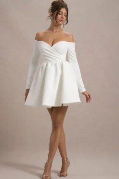 Marta | White Bardot Long-Sleeve Mini Dress