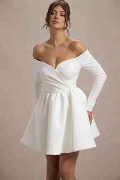 Marta | White Bardot Long-Sleeve Mini Dress