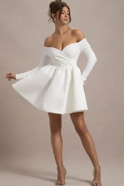 Marta | White Bardot Long-Sleeve Mini Dress
