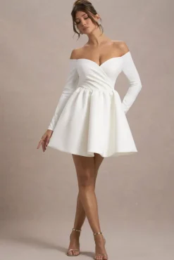 Marta | White Bardot Long-Sleeve Mini Dress