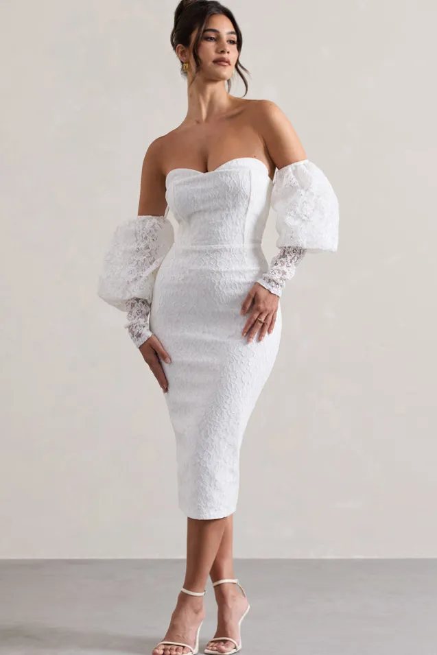 Mary | White Lace Bardot Puff-Sleeve Midi Dress