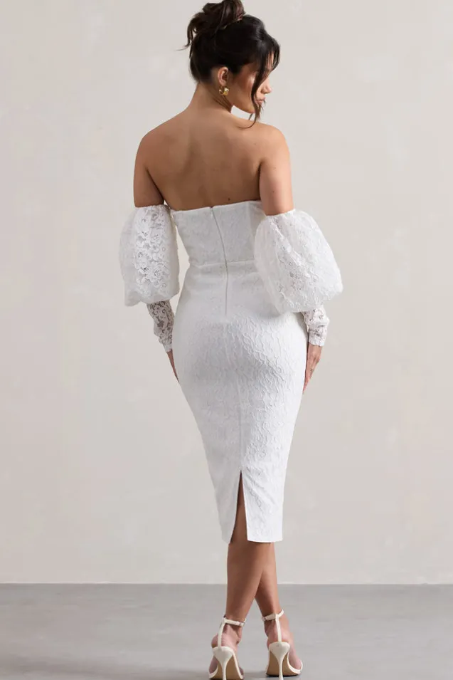 Mary | White Lace Bardot Puff-Sleeve Midi Dress