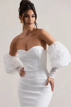 Mary | White Lace Bardot Puff-Sleeve Midi Dress