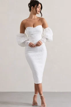 Mary | White Lace Bardot Puff-Sleeve Midi Dress