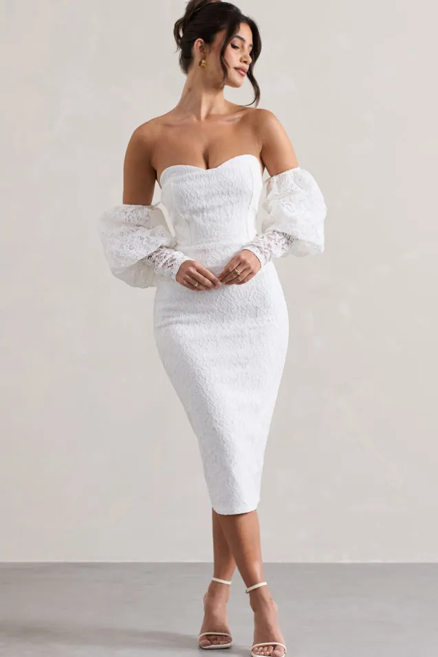 Mary | White Lace Bardot Puff-Sleeve Midi Dress