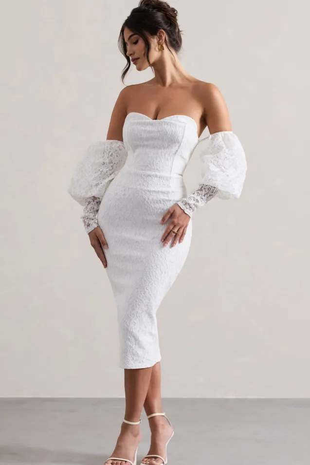 Mary | White Lace Bardot Puff-Sleeve Midi Dress