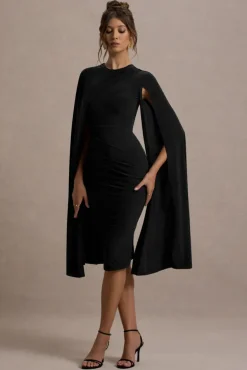 Marysol | Black Asymmetric Cape Midi Dress