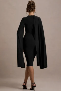 Marysol | Black Asymmetric Cape Midi Dress