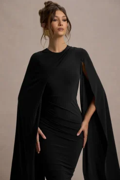 Marysol | Black Asymmetric Cape Midi Dress