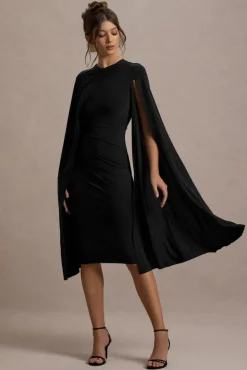 Marysol | Black Asymmetric Cape Midi Dress