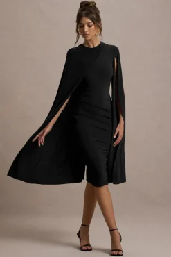 Marysol | Black Asymmetric Cape Midi Dress