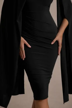 Marysol | Black Asymmetric Cape Midi Dress