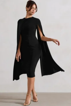 Marysol | Black Asymmetric Cape Midi Dress