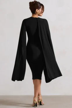 Marysol | Black Asymmetric Cape Midi Dress