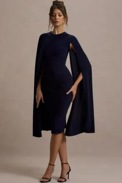 Marysol | Navy Asymmetric Cape Midi Dress