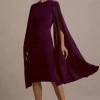 Marysol | Plum Asymmetric Cape Midi Dress