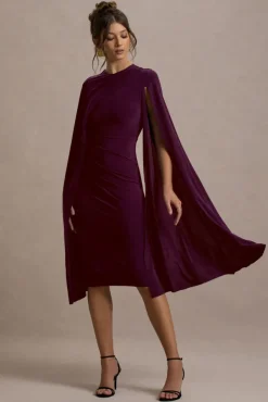 Marysol | Plum Asymmetric Cape Midi Dress