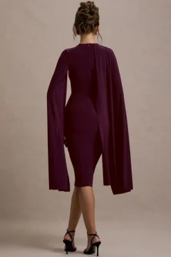 Marysol | Plum Asymmetric Cape Midi Dress