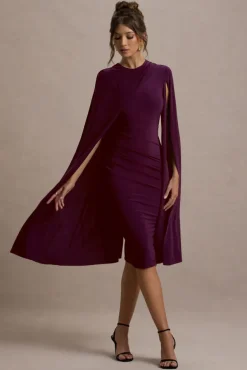 Marysol | Plum Asymmetric Cape Midi Dress