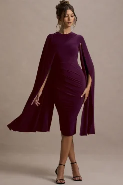 Marysol | Plum Asymmetric Cape Midi Dress