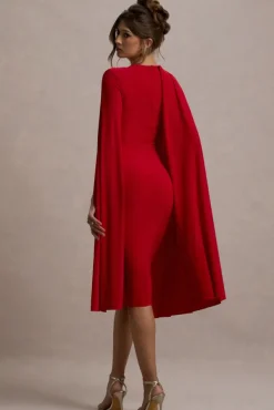 Marysol | Red Asymmetric Cape Midi Dress