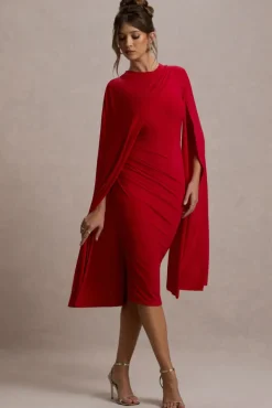 Marysol | Red Asymmetric Cape Midi Dress