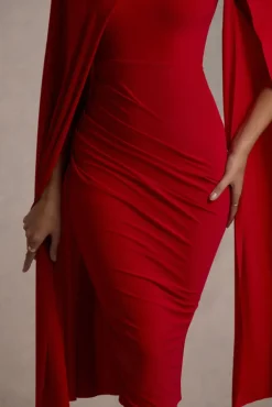 Marysol | Red Asymmetric Cape Midi Dress