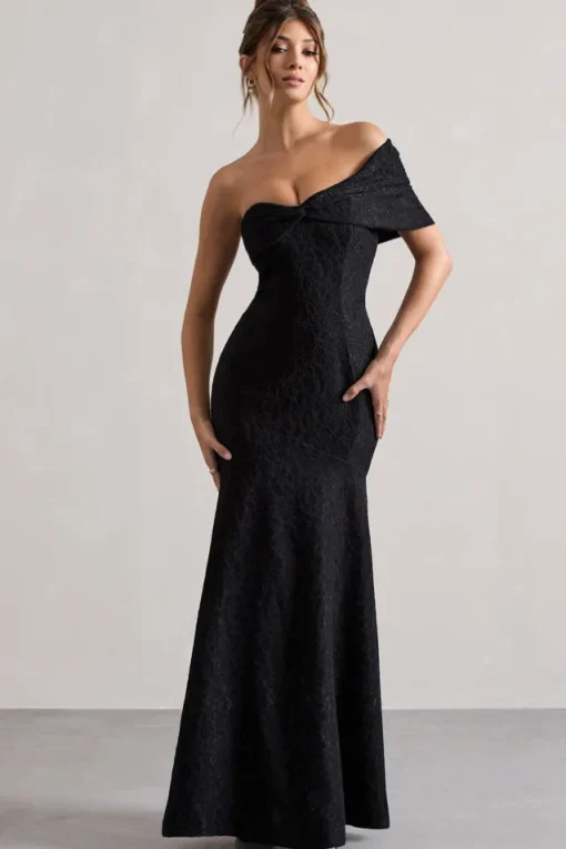 Masquerade | Black Lace Twisted Bardot Maxi Dress