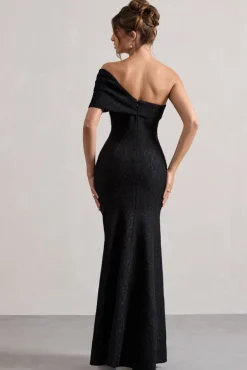 Masquerade | Black Lace Twisted Bardot Maxi Dress