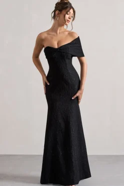 Masquerade | Black Lace Twisted Bardot Maxi Dress