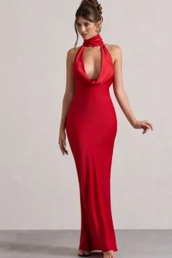 Matea | Red Satin Cowl-Neck Maxi Dress