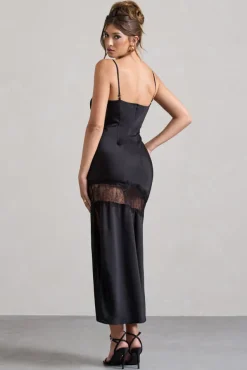 Matera | Black Satin Cowl-Neck Lace Trim Maxi Dress