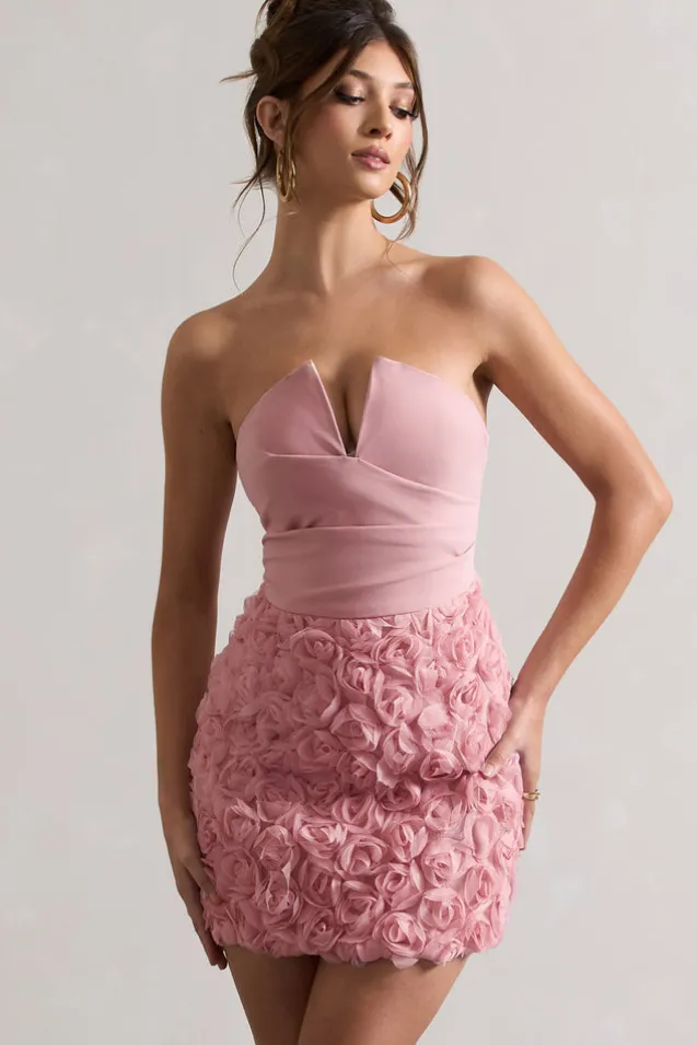 Maya | Blush Pink Floral Mesh Strapless Mini Dress