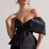 Mayfair | Black Asymmetric Bardot Top With Peplum Hem