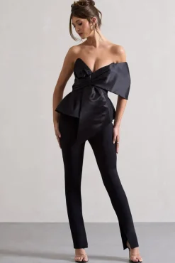 Mayfair | Black Asymmetric Bardot Top With Peplum Hem